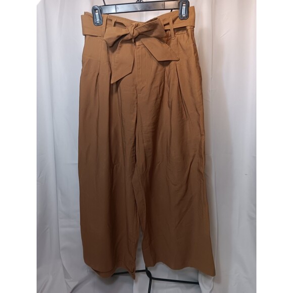Zara Wide Leg Crop Paper Bag Pants Size Medium Burnt Orange Tie Belt - Picture 1 of 10